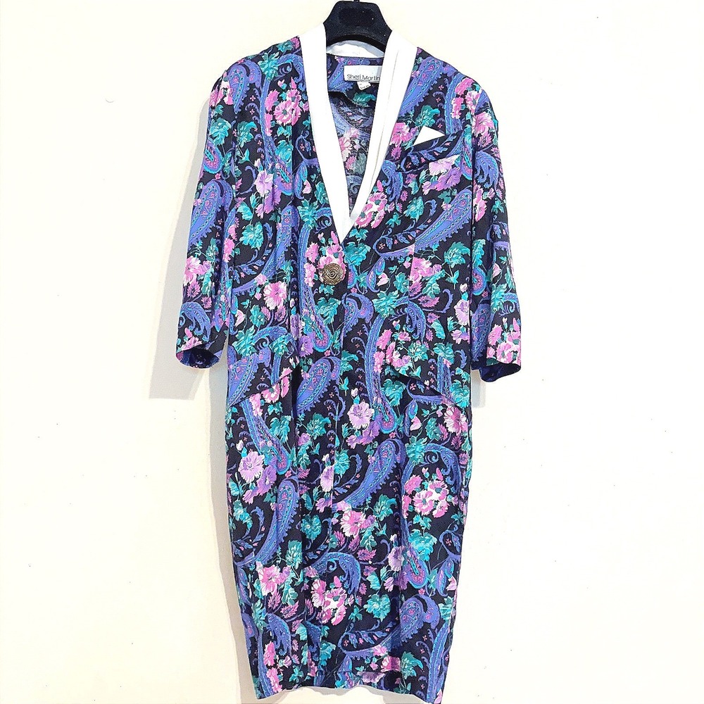 Sheri Martin Vintage 80s Floral Paisley Shawl Collar Sheath Dress Size 10